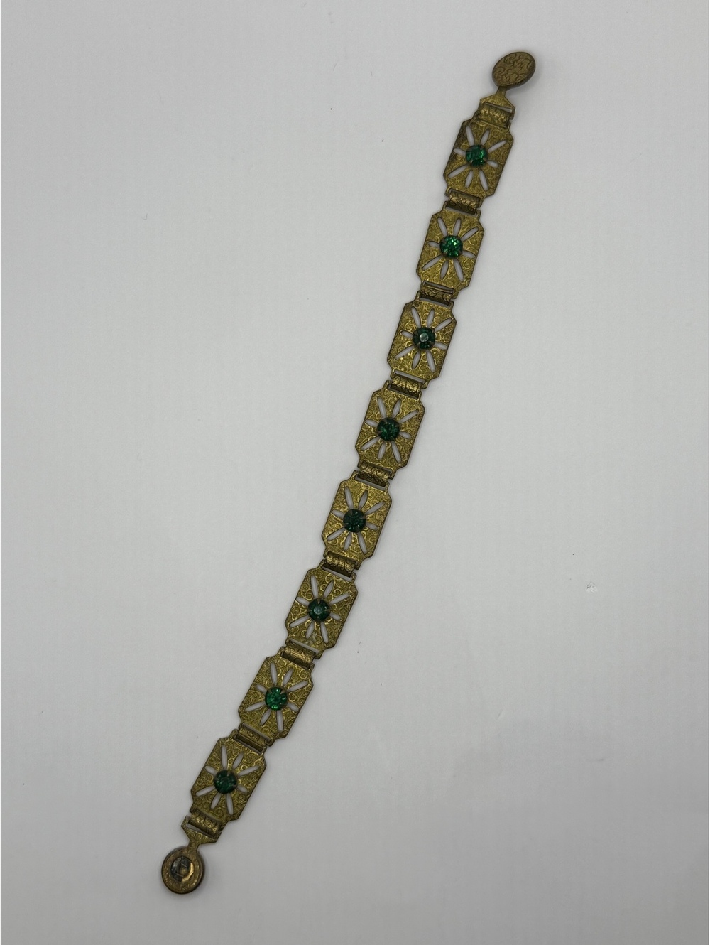 Antique 1920s Art Deco Green Rhinestone Brass Panel Bracelet PAT SNAP 7.25”